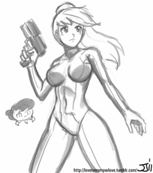 Size: 882x1000 | Tagged: source needed, safe, artist:johnjoseco, character:applejack, character:octavia melody, species:human, applesamus, breasts, busty applejack, clothing, cosplay, costume, crossover, female, grayscale, humanized, metroid, metroid (species), monochrome, samus aran, solo, zero suit