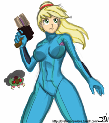 Size: 882x1000 | Tagged: safe, artist:johnjoseco, edit, character:applejack, character:octavia melody, species:human, applesamus, breasts, busty applejack, clothing, color edit, colored, cosplay, costume, crossover, female, humanized, metroid, metroid (species), parody, samus aran, simple background, solo, zero suit