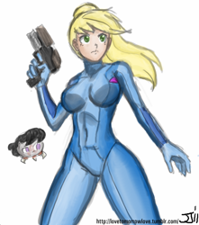 Size: 882x1000 | Tagged: safe, artist:johnjoseco, artist:michos, edit, character:applejack, character:octavia melody, species:human, applesamus, breasts, busty applejack, clothing, color edit, colored, cosplay, costume, crossover, female, humanized, metroid, metroid (species), samus aran, simple background, solo, zero suit