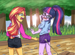 Size: 4724x3472 | Tagged: safe, artist:sumin6301, character:sunset shimmer, character:twilight sparkle, character:twilight sparkle (scitwi), species:eqg human, equestria girls:legend of everfree, g4, my little pony: equestria girls, my little pony:equestria girls, absurd resolution, ass, bench, bunset shimmer, clothing, fangs, female, glasses, gum, lens flare, open mouth, sci-twibutt, shorts, stick, tree sap, twibutt, wide hips