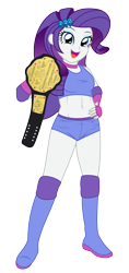 Size: 1008x2136 | Tagged: safe, artist:sumin6301, character:rarity, my little pony:equestria girls, belly button, championship belt, clothing, female, fingerless gloves, gloves, looking at you, midriff, open mouth, shorts, solo, sports bra, wrestling