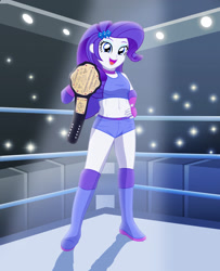 Size: 1954x2406 | Tagged: safe, artist:sumin6301, character:rarity, my little pony:equestria girls, belly button, championship belt, clothing, female, fingerless gloves, gloves, looking at you, midriff, open mouth, shorts, solo, sports bra, spotlight, wrestling, wrestling ring