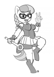 Size: 1280x1826 | Tagged: safe, artist:pabbley, character:silver spoon, species:anthro, species:unguligrade anthro, 30 minute art challenge, boots, braid, braided ponytail, clothing, compression shorts, female, glasses, grayscale, monochrome, open mouth, peace sign, pleated skirt, ponytail, shorts, skirt, solo
