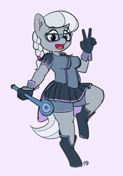 Size: 1280x1826 | Tagged: safe, artist:pabbley, character:silver spoon, species:anthro, species:unguligrade anthro, 30 minute art challenge, boots, braid, braided ponytail, clothing, compression shorts, female, glasses, open mouth, peace sign, pleated skirt, ponytail, shorts, simple background, skirt, solo