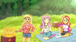 Size: 5905x3316 | Tagged: safe, artist:sumin6301, character:applejack, character:fluttershy, character:sunset shimmer, equestria girls:legend of everfree, g4, my little pony: equestria girls, my little pony:equestria girls, absurd resolution, barbeque, breasts, camp everfree outfits, camp fashion show outfit, clothing, cute, denim skirt, eating, eyes closed, female, food, grill, kneeling, marshmallow, missing shoes, open mouth, s'mores, shorts, sitting, skirt, socks, stick