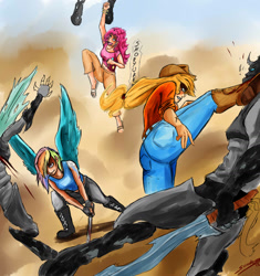 Size: 1280x1360 | Tagged: safe, artist:sundown, character:applejack, character:pinkie pie, character:rainbow dash, species:changeling, species:human, female, fight, humanized, shoryuken, sword, weapon, winged humanization