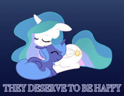 Size: 363x282 | Tagged: safe, artist:egophiliac, character:princess celestia, character:princess luna, species:alicorn, species:pony, blue background, duo, eyes closed, female, filly, foal, happy, royal sisters, siblings, simple background, sisters, snuggling, text