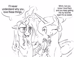 Size: 3300x2550 | Tagged: safe, artist:silfoe, character:princess celestia, character:queen chrysalis, species:pony, ship:chryslestia, black and white, dialogue, eating, female, flower, food, grayscale, horses doing horse things, lesbian, magic, mare, missing accessory, monochrome, other royal book, shipping, simple background, sketch, speech bubble, white background