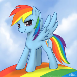 Size: 800x800 | Tagged: safe, artist:johnjoseco, character:rainbow dash, species:pegasus, species:pony, female, mare, rainbow, smiling, solo