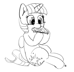 Size: 1280x1256 | Tagged: safe, artist:pabbley, character:twilight sparkle, character:twilight sparkle (alicorn), species:alicorn, species:pony, 30 minute art challenge, cute, female, food, monochrome, nom, pizza, solo, twiabetes