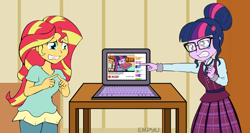 Size: 1200x640 | Tagged: safe, artist:empyu, character:sunset shimmer, character:twilight sparkle, character:twilight sparkle (alicorn), character:twilight sparkle (scitwi), species:eqg human, my little pony:equestria girls, computer, crying, embarrassed, i can explain, laptop computer, sad