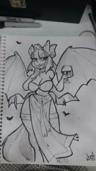 Size: 720x1280 | Tagged: safe, artist:atryl, oc, oc only, oc:midnight rush, species:anthro, species:bat, species:bat pony, big breasts, breasts, cleavage, clothing, evening gloves, fangs, female, fishnets, gloves, jewelry, licking, monochrome, necklace, socks, solo, spread wings, thigh highs, tongue out, traditional art, wine glass, wings