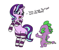 Size: 1280x1103 | Tagged: safe, artist:pabbley, character:spike, character:starlight glimmer, species:dragon, species:pony, species:unicorn, bipedal, clothing, female, implied twistarlight, male, mare, open mouth, question, simple background, smiling, socks, striped socks, thumbs up, white background