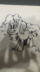 Size: 720x1280 | Tagged: safe, artist:atryl, character:pinkie pie, female, monochrome, smiling, solo, traditional art