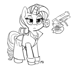 Size: 1280x1183 | Tagged: safe, artist:pabbley, character:rarity, 30 minute art challenge, blade runner, clothing, coat, detective, detective rarity, female, gun, monochrome, noir, solo, weapon