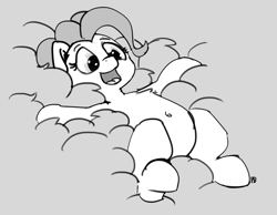 Size: 1280x994 | Tagged: safe, artist:pabbley, character:pinkie pie, 30 minute art challenge, belly button, female, fluffy, monochrome, solo