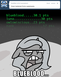Size: 646x817 | Tagged: safe, artist:egophiliac, character:princess luna, species:alicorn, species:pony, moonstuck, ask, dinkleberg, disgusted, female, filly, floppy ears, frown, glare, leaderboard, moon, open mouth, solo, space, stars, text, tumblr, woona
