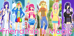 Size: 3606x1784 | Tagged: safe, artist:jonfawkes, character:applejack, character:fluttershy, character:pinkie pie, character:rainbow dash, character:rarity, character:twilight sparkle, species:rabbit, bandaid, book, clothing, dress, hoodie, humanized, jewelry, mane six, skirt, stockings, sweater, sweater vest, sweatershy, wand