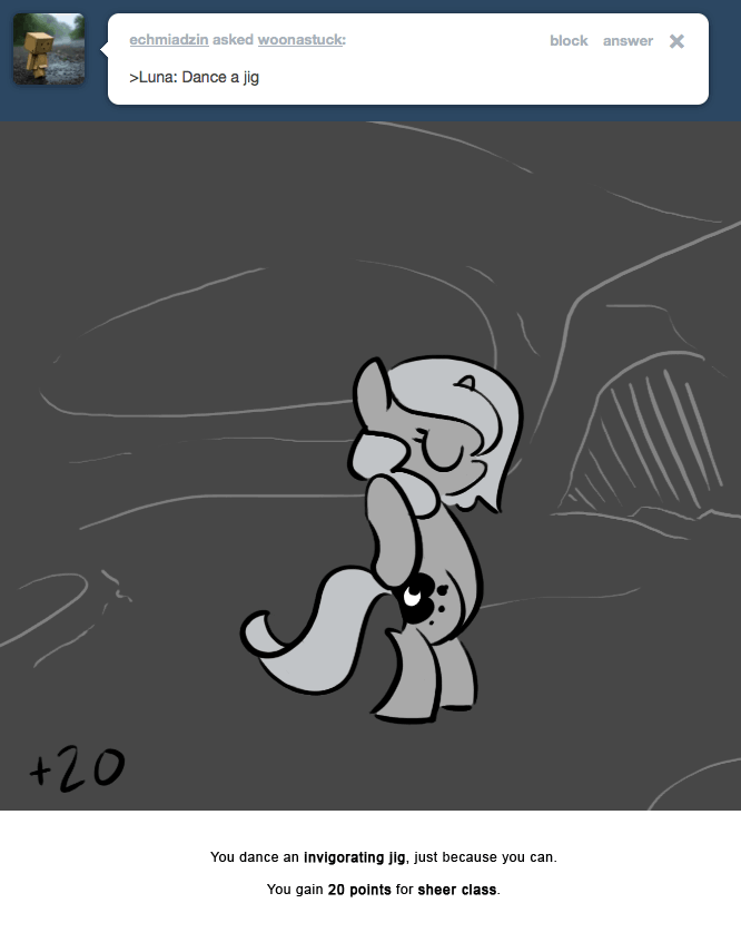 Size: 666x855 | Tagged: safe, artist:egophiliac, character:princess luna, moonstuck, animated, dancing, female, filly, gif, monochrome, peanuts, solo, woona, younger