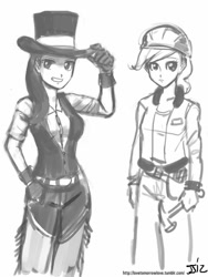 Size: 610x813 | Tagged: safe, artist:johnjoseco, character:ambrosia, character:toffee, species:human, construction pony, grayscale, humanized, monochrome, sketch