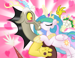 Size: 2000x1559 | Tagged: safe, artist:aleximusprime, character:discord, character:princess celestia, ship:dislestia, episode:twilight's kingdom, g4, my little pony: friendship is magic, bouquet, female, kissing, male, shipping, straight, tail, tailboner