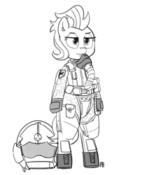 Size: 1280x1521 | Tagged: safe, artist:pabbley, character:stormy flare, species:pony, bipedal, clothing, fighter pilot, flight suit, monochrome, solo