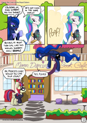 Size: 955x1351 | Tagged: safe, artist:mysticalpha, character:king sombra, character:moondancer, character:princess celestia, character:princess luna, species:alicorn, species:pony, species:unicorn, comic:day in the lives of the royal sisters, ship:celestibra, cafe, clothing, comic, crown, dialogue, female, glasses, horseshoes, jewelry, magic, male, mare, open mouth, peytral, plushie, regalia, shipping, speech bubble, straight, sweater, teleportation, to the moon