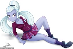Size: 1024x695 | Tagged: safe, artist:the-butch-x, character:sugarcoat, equestria girls:friendship games, g4, my little pony: equestria girls, my little pony:equestria girls, bedroom eyes, breasts, busty sugarcoat, cleavage, clothing, commission, crystal prep academy uniform, eyebrow wiggle, female, legs, pigtails, plaid skirt, pleated skirt, school uniform, schrödinger's pantsu, sexy, shirt, skirt, solo, stupid sexy sugarcoat, thighs, twintails