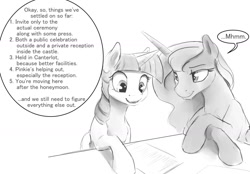 Size: 1280x890 | Tagged: safe, artist:silfoe, character:princess luna, character:twilight sparkle, character:twilight sparkle (alicorn), species:alicorn, species:pony, royal sketchbook, ship:twiluna, female, grayscale, lesbian, mare, marriage, monochrome, shipping, wedding, wedding planner
