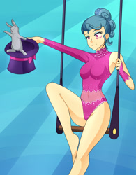 Size: 1500x1920 | Tagged: safe, artist:jonfawkes, character:trapeze star, species:human, species:rabbit, episode:viva las pegasus, g4, my little pony: friendship is magic, armpits, belly button, bernard rabbit, breasts, bunny out of the hat, busty trapeze star, cleavage, clothing, eyeshadow, female, hat, humanized, leotard, magic trick, makeup, raised leg, see-through, smiling, solo, thunder thighs, top hat