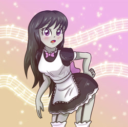 Size: 3507x3472 | Tagged: safe, artist:sumin6301, character:octavia melody, my little pony:equestria girls, apron, blushing, clothing, female, garter belt, maid, music notes, octamaid, ribbon, solo