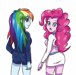 Size: 3507x3472 | Tagged: safe, artist:sumin6301, character:pinkie pie, character:rainbow dash, my little pony:equestria girls, ass, clothing, duo, looking at you, looking back, midriff, miniskirt, open mouth, rainbutt dash, shorts, skirt, socks, thigh highs, thighs, tube skirt, zettai ryouiki