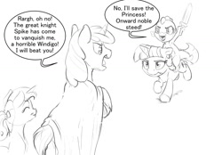 Size: 1035x720 | Tagged: safe, artist:silfoe, character:princess cadance, character:shining armor, character:spike, character:twilight sparkle, species:dragon, species:pony, royal sketchbook, annoyed, brother and sister, brothers, cape, clothing, cute, dialogue, dragons riding ponies, eyes closed, filly, filly twilight sparkle, floppy ears, frown, glare, grayscale, monochrome, open mouth, raised hoof, roleplaying, running, simple background, smirk, sparkle siblings, speech bubble, spikabetes, teen princess cadance, twiabetes, twilight is not amused, unamused, underhoof, unshorn fetlocks, younger