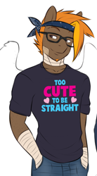 Size: 496x896 | Tagged: safe, artist:askbubblelee, oc, oc only, oc:singe, species:anthro, species:pegasus, species:pony, anthro oc, bandage, clothing, glasses, hands in pockets, looking away, pansexual, pride, shirt, solo