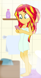 Size: 600x1140 | Tagged: safe, artist:dm29, character:sunset shimmer, my little pony:equestria girls, after shower, barefoot, cellphone, feet, female, mirror, naked towel, phone, solo, sunset shimmer day, towel, wet hair