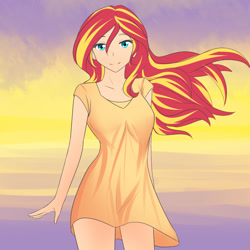 Size: 1280x1280 | Tagged: safe, artist:jonfawkes, character:sunset shimmer, species:human, my little pony:equestria girls, clothing, dress, female, humanized, solo, sundress, windswept mane