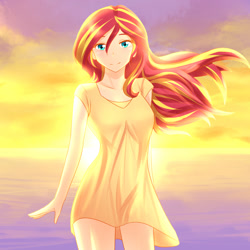 Size: 1280x1280 | Tagged: safe, artist:jonfawkes, character:sunset shimmer, species:human, my little pony:equestria girls, beautiful, clothing, cute, dress, female, humanized, looking at you, shimmerbetes, smiling, solo, sundress, windswept mane