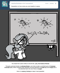Size: 666x809 | Tagged: safe, artist:egophiliac, character:princess luna, species:alicorn, species:pony, moonstuck, c:, cat, chalkboard, chemistry, clothing, cute, filly, glasses, lab coat, lunabetes, monochrome, mouth hold, science, science woona, smiling, upside down, woona, younger