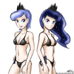 Size: 850x850 | Tagged: safe, artist:johnjoseco, artist:michos, edit, character:princess luna, species:human, bikini, black swimsuit, breasts, cleavage, clothing, color edit, colored, cutie mark on human, female, humanized, s1 luna, self paradox, skinny, swimsuit, the fun has been doubled