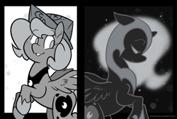 Size: 900x606 | Tagged: safe, artist:egophiliac, character:nightmare moon, character:princess luna, species:alicorn, species:pony, moonstuck, cartographer's cap, clothing, cute, dark woona, duality, duo, filly, grayscale, hat, helmet, lunabetes, monochrome, nightmare woon, woona, younger