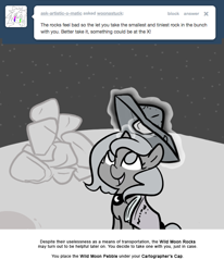 Size: 666x809 | Tagged: safe, artist:egophiliac, character:princess luna, moonstuck, cartographer's cap, clothing, female, filly, hat, magic, monochrome, moon, moon rock, solo, woona, younger