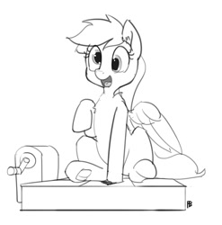 Size: 1280x1293 | Tagged: safe, artist:pabbley, character:derpy hooves, species:pegasus, species:pony, episode:viva las pegasus, g4, my little pony: friendship is magic, dance dance revolution, dialogue, female, mare, monochrome, open mouth, rhythm game, smiling, solo