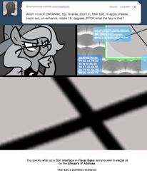 Size: 666x809 | Tagged: safe, artist:egophiliac, character:princess luna, moonstuck, cartographer's cap, clothing, exploitable meme, filly, fourth wall, glasses, gui, hat, lorem ipsum, meme, woona, x, younger, zoom enhance upscale