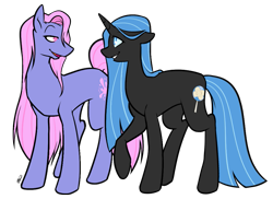 Size: 945x689 | Tagged: safe, artist:egophiliac, oc, oc only, oc:nepenthe, species:changeling, species:earth pony, species:pony, species:unicorn, blue changeling, changeling queen, changeling queen oc, cute, disguise, disguised changeling, female, long mane, raised hoof, smiling