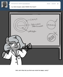 Size: 666x809 | Tagged: safe, artist:egophiliac, character:princess luna, species:pony, moonstuck, bipedal, chalkboard, clothing, female, filly, glasses, glasses off, grayscale, lab coat, monochrome, science woona, shrug, solo, tumblr, woona, younger