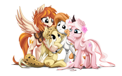 Size: 2560x1600 | Tagged: safe, artist:mysticalpha, artist:xsidera, oc, oc only, oc:arvensis, oc:chocolate chip, oc:weary blossom, species:pegasus, species:pony, clothing, colored wings, colored wingtips, female, flower, flower in hair, food, food pony, group, hug, jewelry, mare, original species, scarf, yin-yang