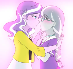 Size: 1280x1215 | Tagged: safe, artist:jonfawkes, character:diamond tiara, character:silver spoon, ship:silvertiara, my little pony:equestria girls, 45 minute art challenge, blushing, braid, clothing, female, glasses, imminent kissing, lesbian, pearl necklace, quickdraw, shipping