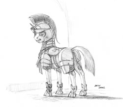 Size: 1300x1130 | Tagged: safe, artist:baron engel, oc, oc only, species:pony, annoyed, armor, male, monochrome, pencil drawing, royal guard, sketch, solo, stallion, traditional art