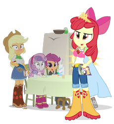 Size: 990x1075 | Tagged: safe, artist:dm29, character:apple bloom, character:applejack, character:scootaloo, character:sweetie belle, species:pegasus, species:pony, my little pony:equestria girls, apple, blushing, bra, bra stuffing, clothing, coffee, comic book, cute, cutie mark crusaders, dressup, embarrassed, fake breasts, food, frilly underwear, julian yeo is trying to murder us, pink underwear, spill, superhero, underwear