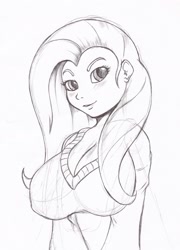 Size: 1241x1722 | Tagged: safe, artist:suirano, character:fluttershy, species:human, big breasts, breasts, busty fluttershy, cleavage, clothing, female, humanized, monochrome, solo, sweater, sweatershy, traditional art